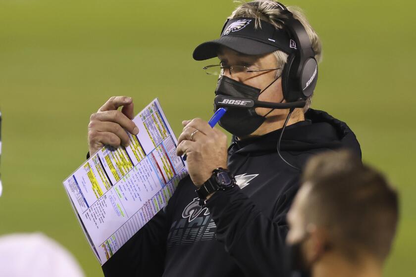 Philadelphia Eagles' head coach Doug Pederson in action during an NFL football game against the New Orleans Saints, Sunday, Dec. 13, 2020, in Philadelphia. (AP Photo/Rich Schultz)