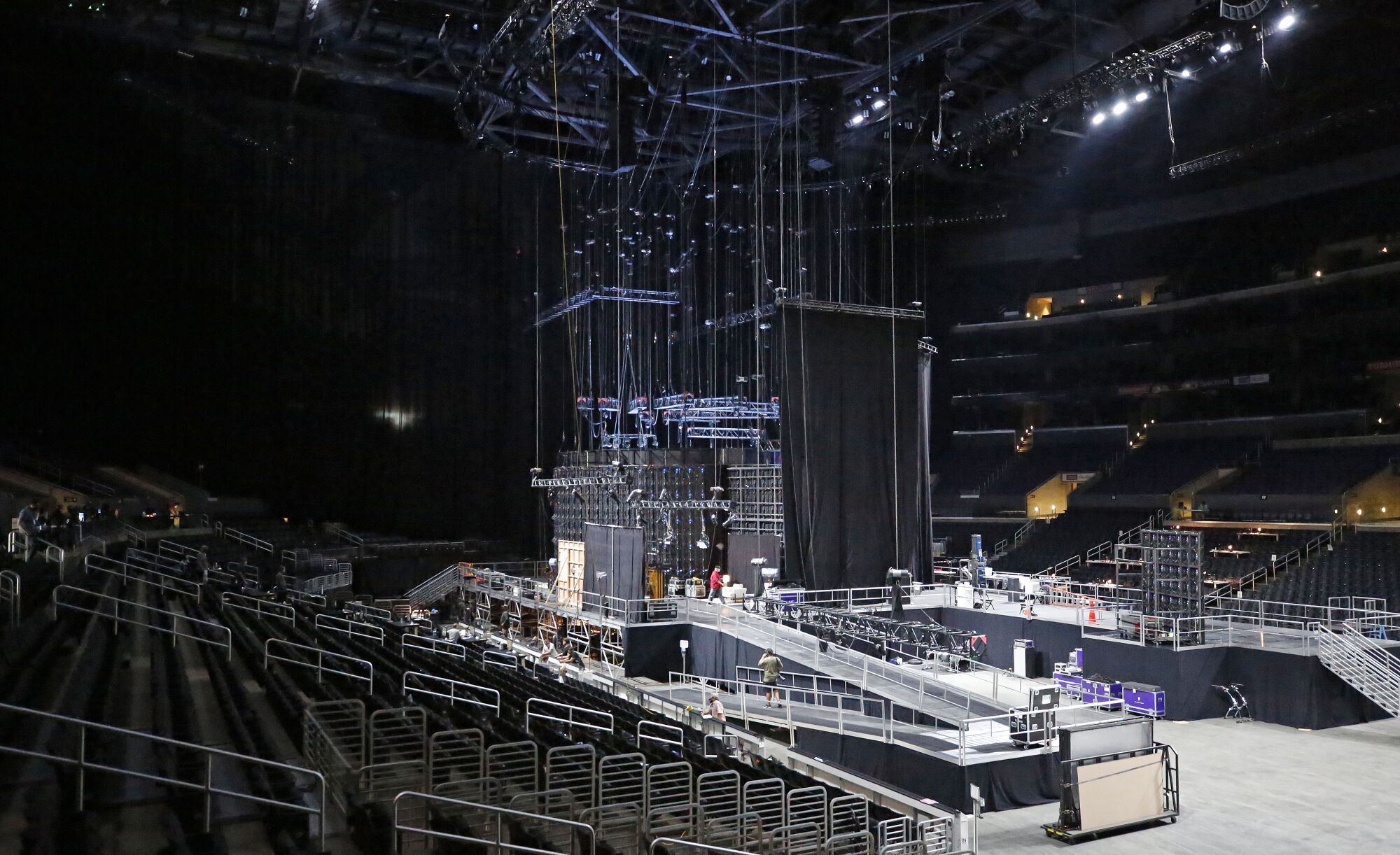 The floor of Staples Center is converted to an elevated stage. 