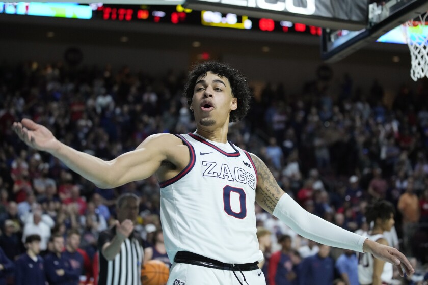 Gonzaga's Julian Strawther (0) celebrates during the second half of an NCAA college basketball championship game against Saint Mary's at the West Coast Conference tournament Tuesday, March 8, 2022, in Las Vegas. (AP Photo/John Locher)
