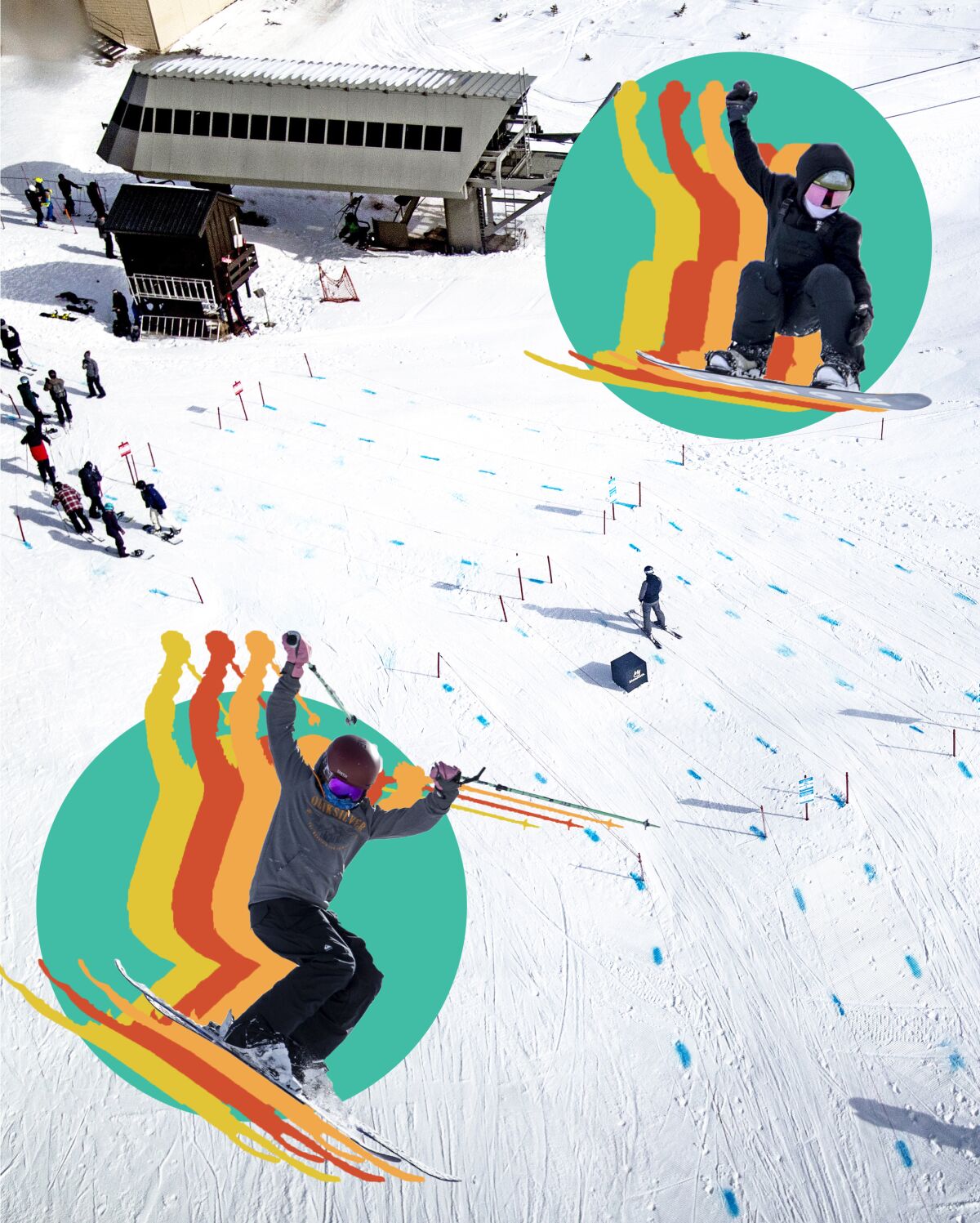 In an illustration, a skier and a snowboarder float above a resort ski lift line.