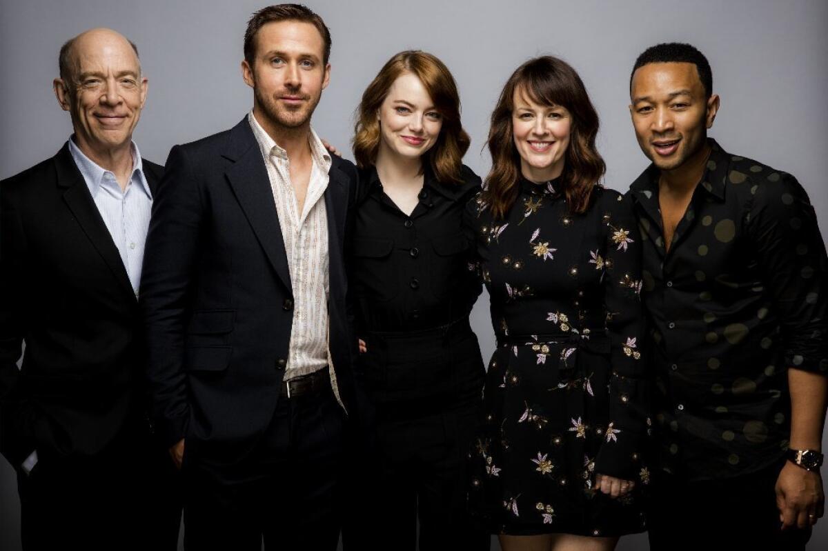 "La La Land" cast, from left: J.K. Simmons, Ryan Gosling, Emma Stone, Rosemarie DeWitt and John Legend.