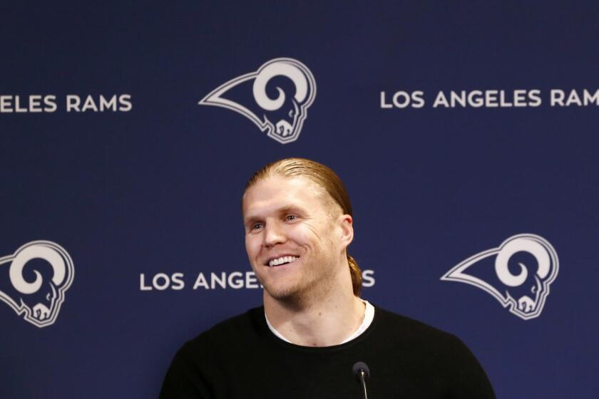 THOUSAND OAKS, CALIF. - MAR. 21, 2019. Linebacker Clay Matthews attaends a press conference to introducehim as a new Rams player at the team's training facility in Thousand Oaks on Thursday, Mar. 21, 2019. Matthews last played for the Green Bay Packers and played college football at USC. (Luis Sinco/Los Angeles Times)