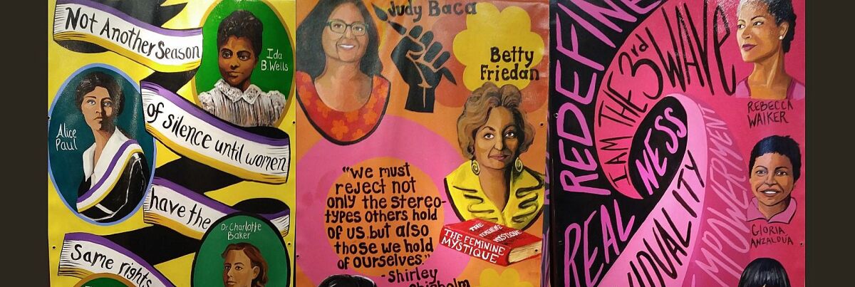 "Waves of Feminism" by artist Katie Ruiz is on the walls outside the Women's Museum of California at Liberty Station.