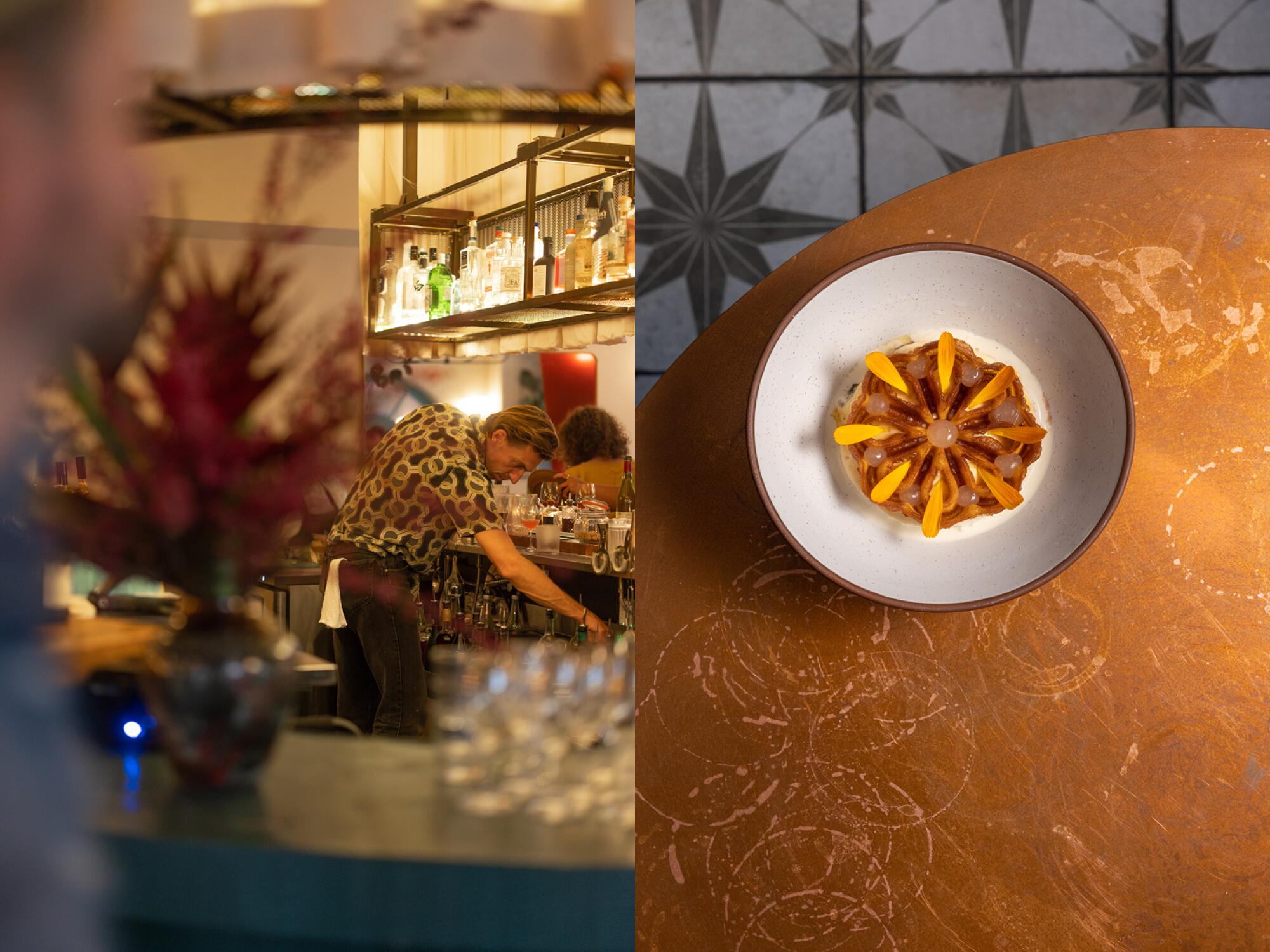 Side-by-side photos of Bar Chelou's lemon-chamomile semifreddo and a view of the bar