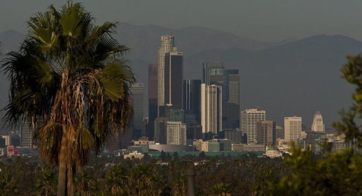 Office towers dominate the skyline of downtown Los Angeles.