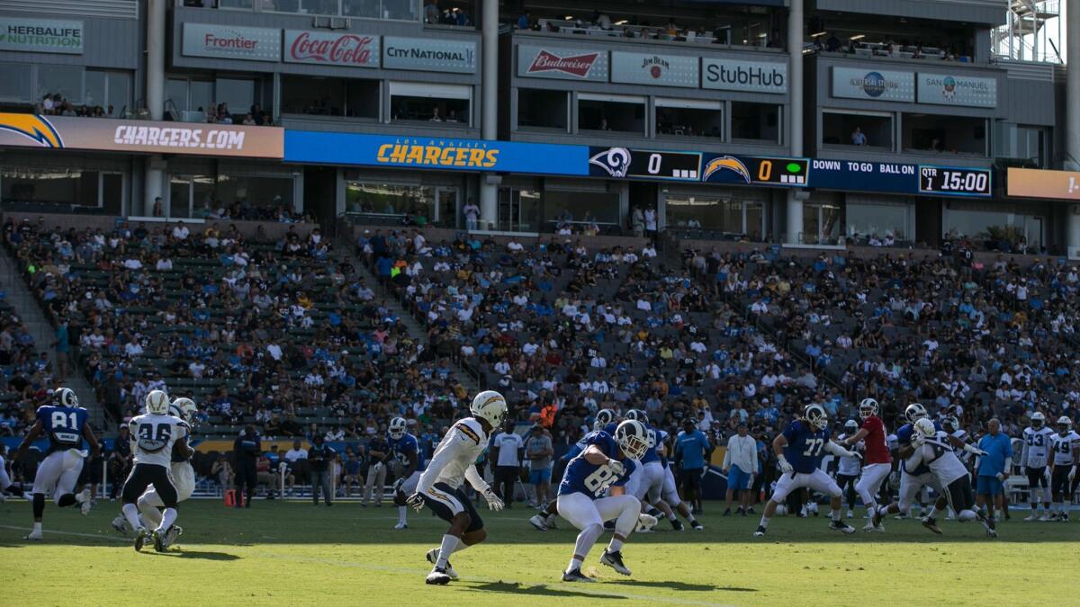 A moderate sized crowd looks on from the shaded seats on the West side of StubHub Center as Chargers and Rams practice together.