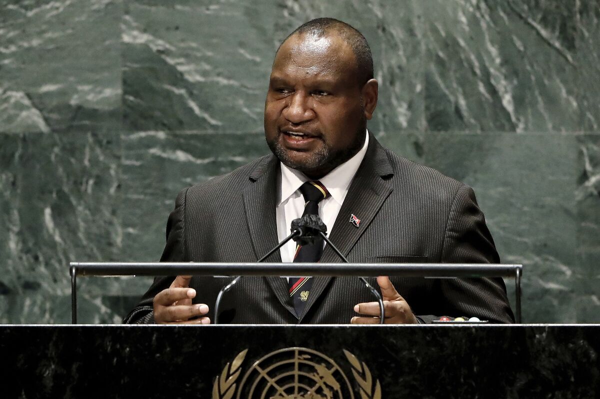 FILE - Prime Minister of Papua New Guinea James Marape addresses the 76th session of the United Nations General Assembly, on Sept. 24, 2021, at the UN headquarters. Australian Broadcasting Corp. reported that Marape was nominated unopposed to lead the next coalition government when Parliament sat on Tuesday for the first time since the election. (Peter Foley/Pool Photo via AP, File)