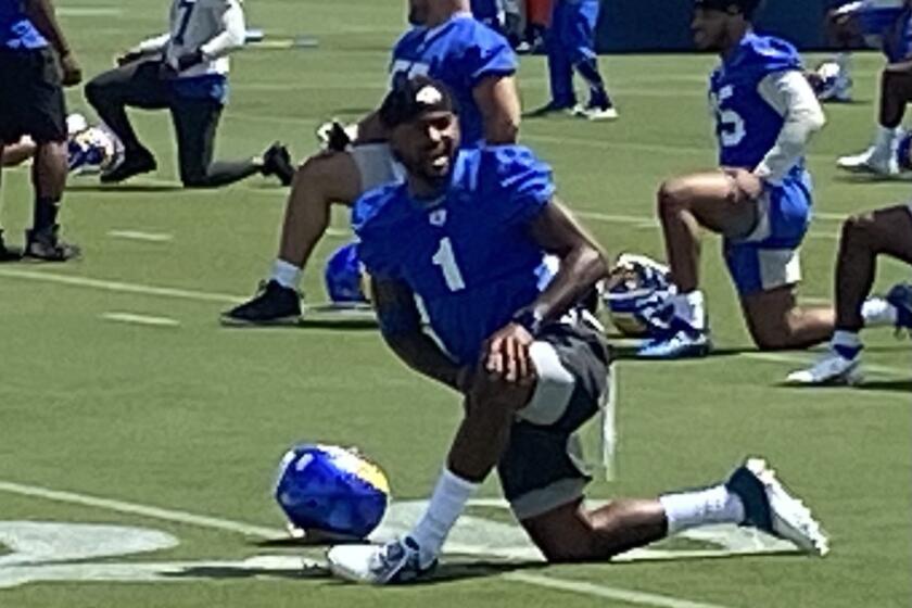 DeSean Jackson stretches on Day 2 of the Rams' three-day minicamp.