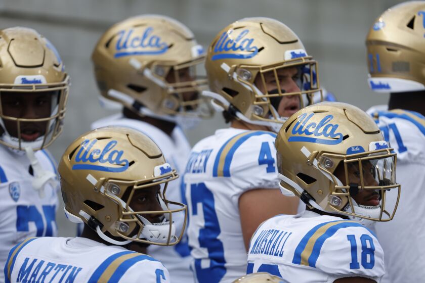 UCLA prepares to take the field against California before an NCAA college football game 