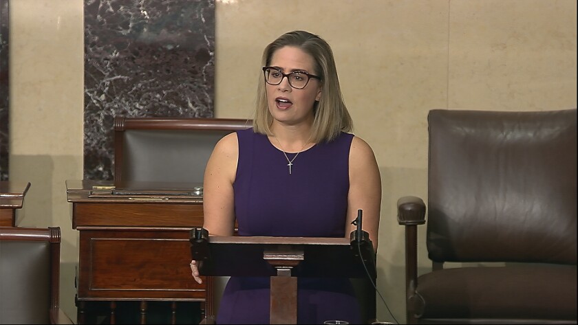 Sen. Kyrsten Sinema (D-Ariz.) speaks on the floor of the Senate.