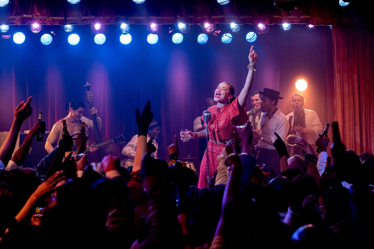 Andra Day, as Billie Holiday, performing onstage in "The United States vs. Billie Holiday."