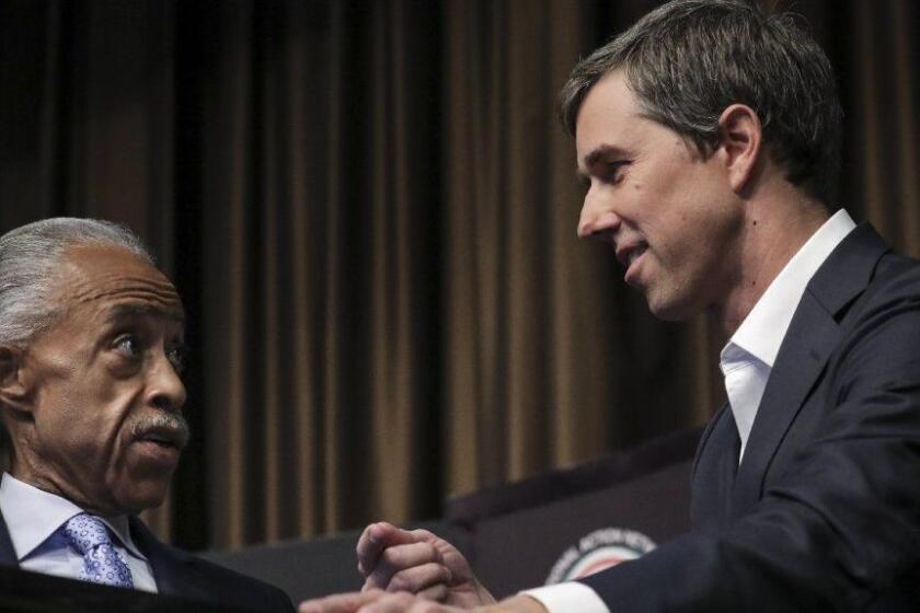NEW YORK, NY - APRIL 3: (L-R) Rev. Al Sharpton speaks to former U.S. Representative and Democratic presidential candidate Beto O'Rourke at the National Action Network's annual convention, April 3, 2019 in New York City. A dozen 2020 Democratic presidential candidates will speak at the organization's convention this week. Founded by Rev. Al Sharpton in 1991, the National Action Network is one of the most influential African American organizations dedicated to civil rights in America. (Photo by Drew Angerer/Getty Images) ** OUTS - ELSENT, FPG, CM - OUTS * NM, PH, VA if sourced by CT, LA or MoD **