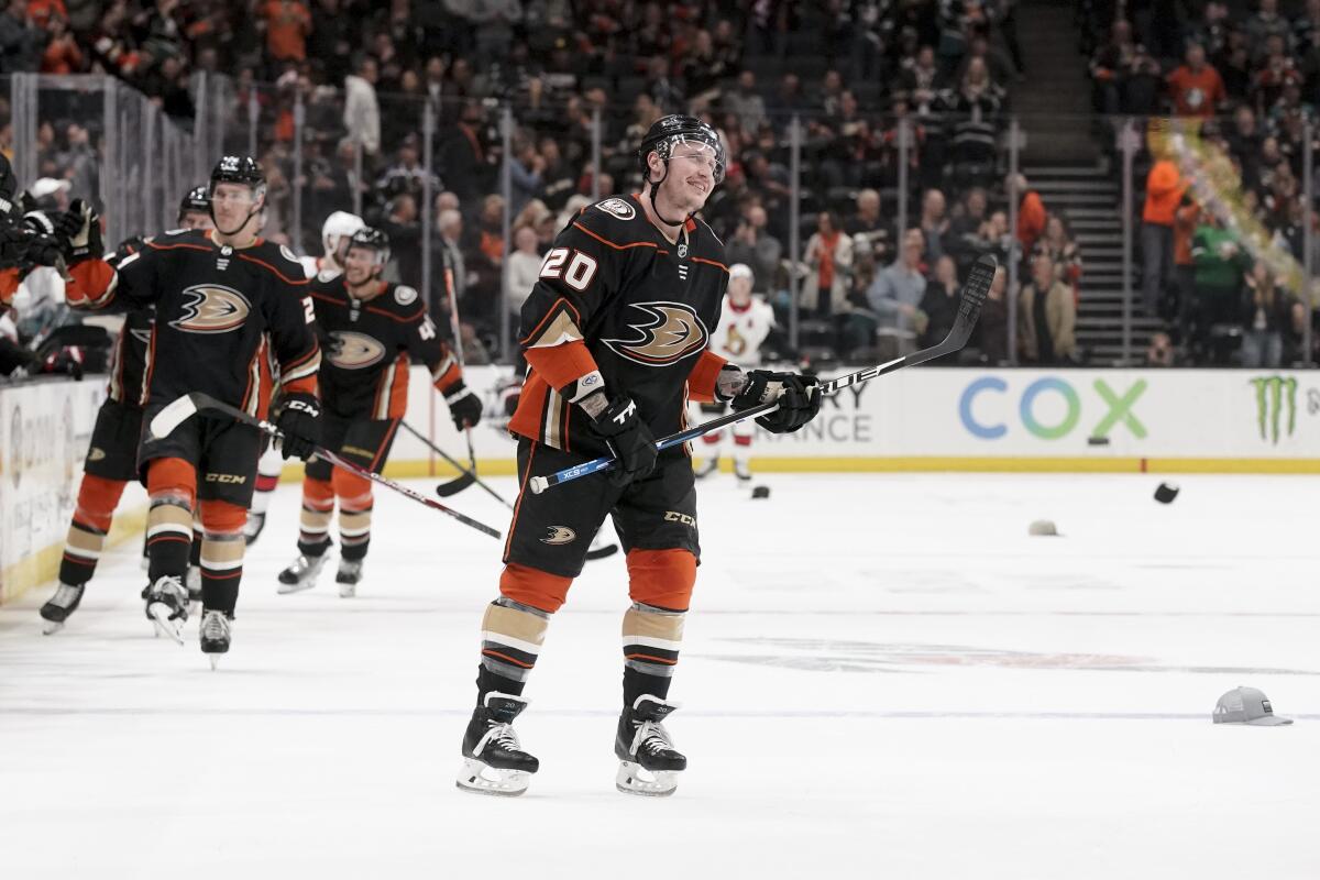 Ducks left wing Nicolas Deslauriers celebrates after a hat trick against the Ottawa Senators on March 10 at Honda Center.