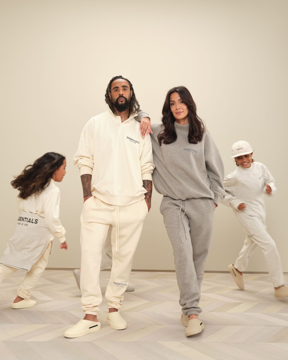 Jerry Lorenzo poses with his family for the Essentials collection that features kids clothing for the first time.