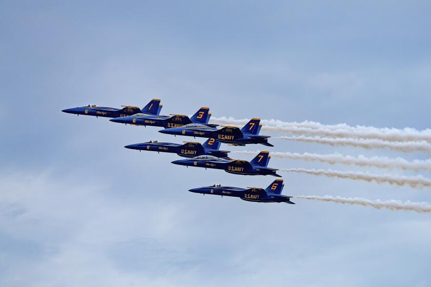 San Diego, CA - September 22: The Navy’s precision flight team, the Blue Angels, fly above the crowd at the MCAS Miramar Air Show on Friday, Sept. 22, 2023, in San Diego, CA. (Nelvin C. Cepeda / The San Diego Union-Tribune)