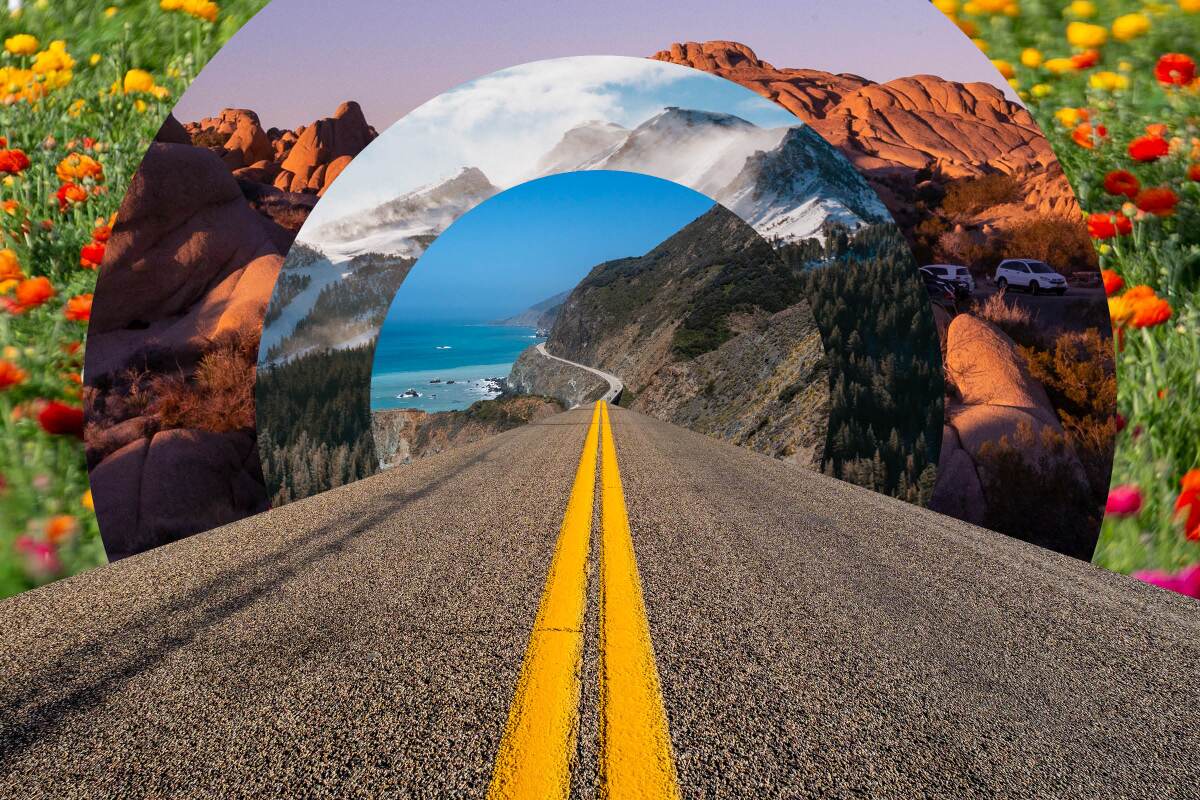Photo collage of a road over concentric circles of Big Sur, Mammoth Mountain, Joshua Tree and Carlsbad Flower Fields