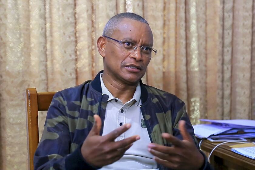FILE - In this image from video, Tigray's regional president Debretsion Gebremichael speaks during an interview in Mekele, in the Tigray region of northern Ethiopia on July 7, 2021. The leader of Ethiopia's embattled Tigray region and the federal government have been invited to peace talks in South Africa in early October 2022 as part of a pan-African effort, according to a letter seen Wednesday, Oct. 5, 2022 by The Associated Press. (AP Photo)
