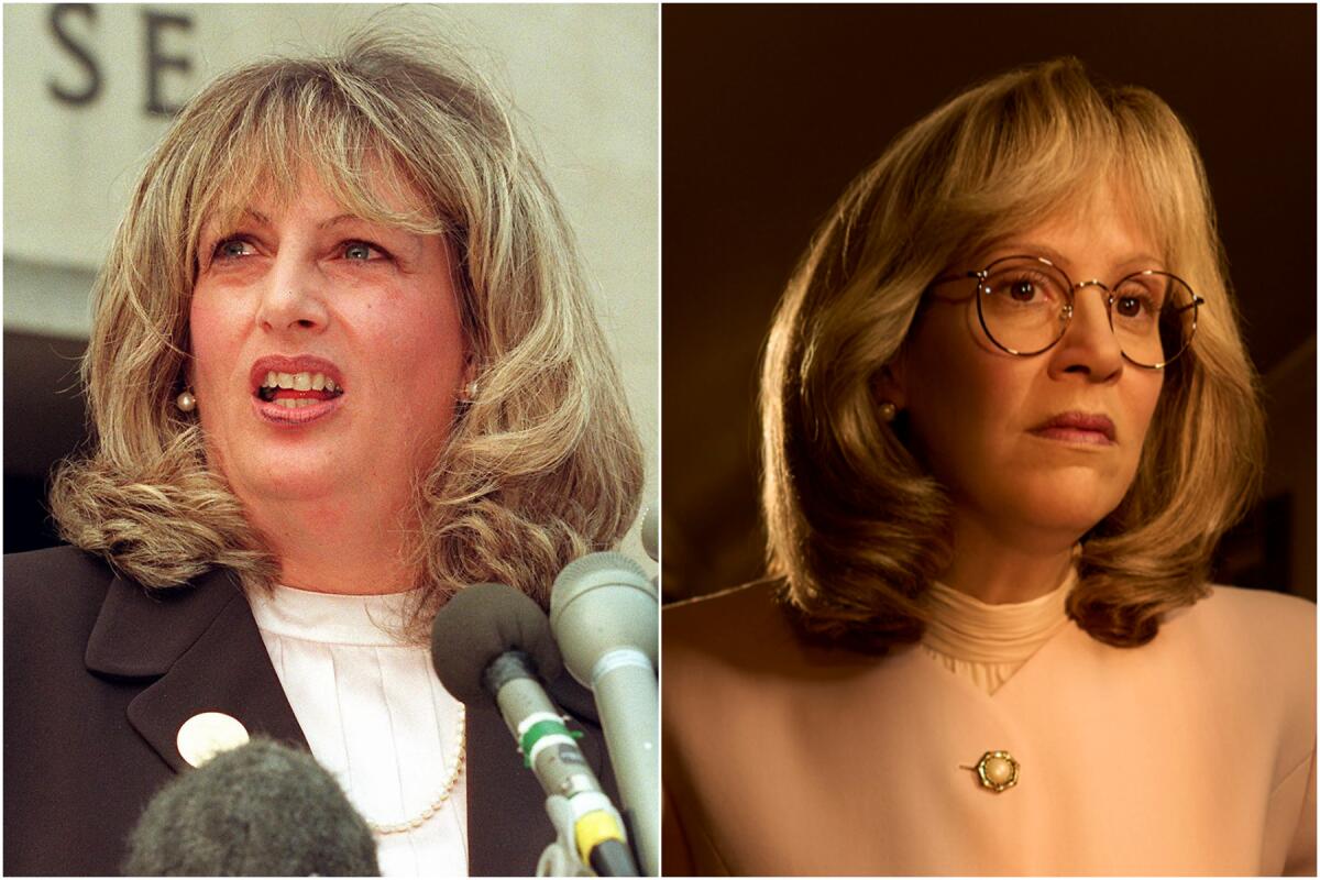 Linda Tripp, left, and actress Sarah Paulson as Linda Tripp in "Impeachment: American Crime Story."