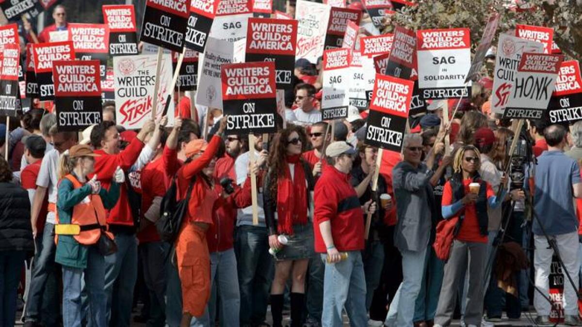 Protesters for the Writers Guild of America assembled along Avenue of the Stars in Century City in front of the Fox Studios plaza in 2007.