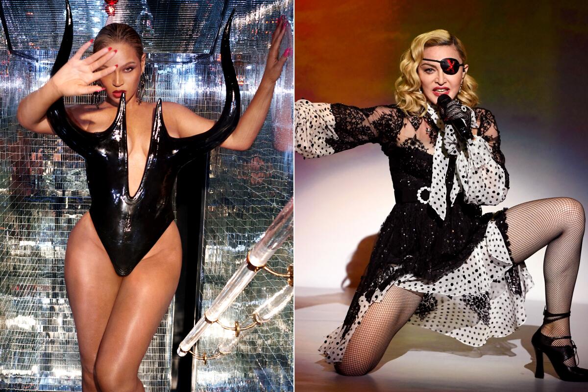 Two side-by-side photos of Beyoncé and Madonna.
