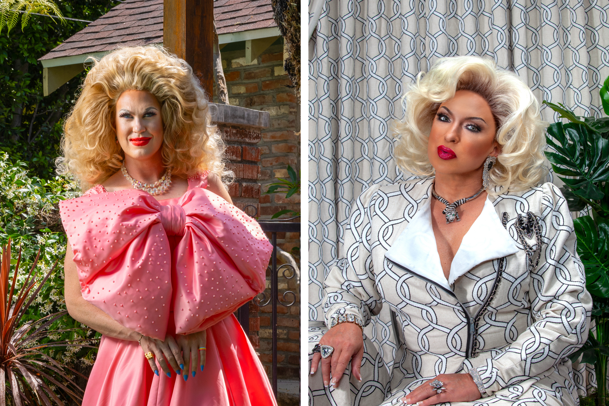Two drag queens appear in photos. The one on the left is standing, while the other is sitting in a chair.