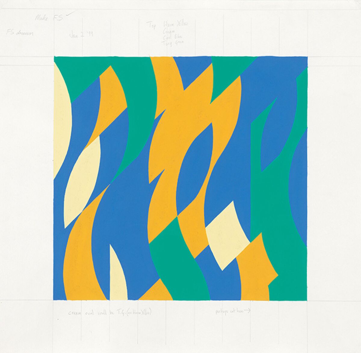 An artwork features geometric shapes in blue, teal, yellow and white