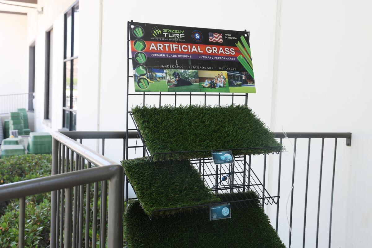 A display of artificial grass outside Smith Pipe & Supply in Westlake Village.