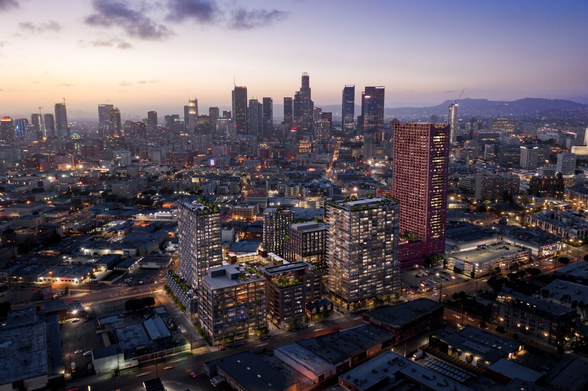 An aerial rendering of the proposed Fourth & Central project at dusk in L.A. 