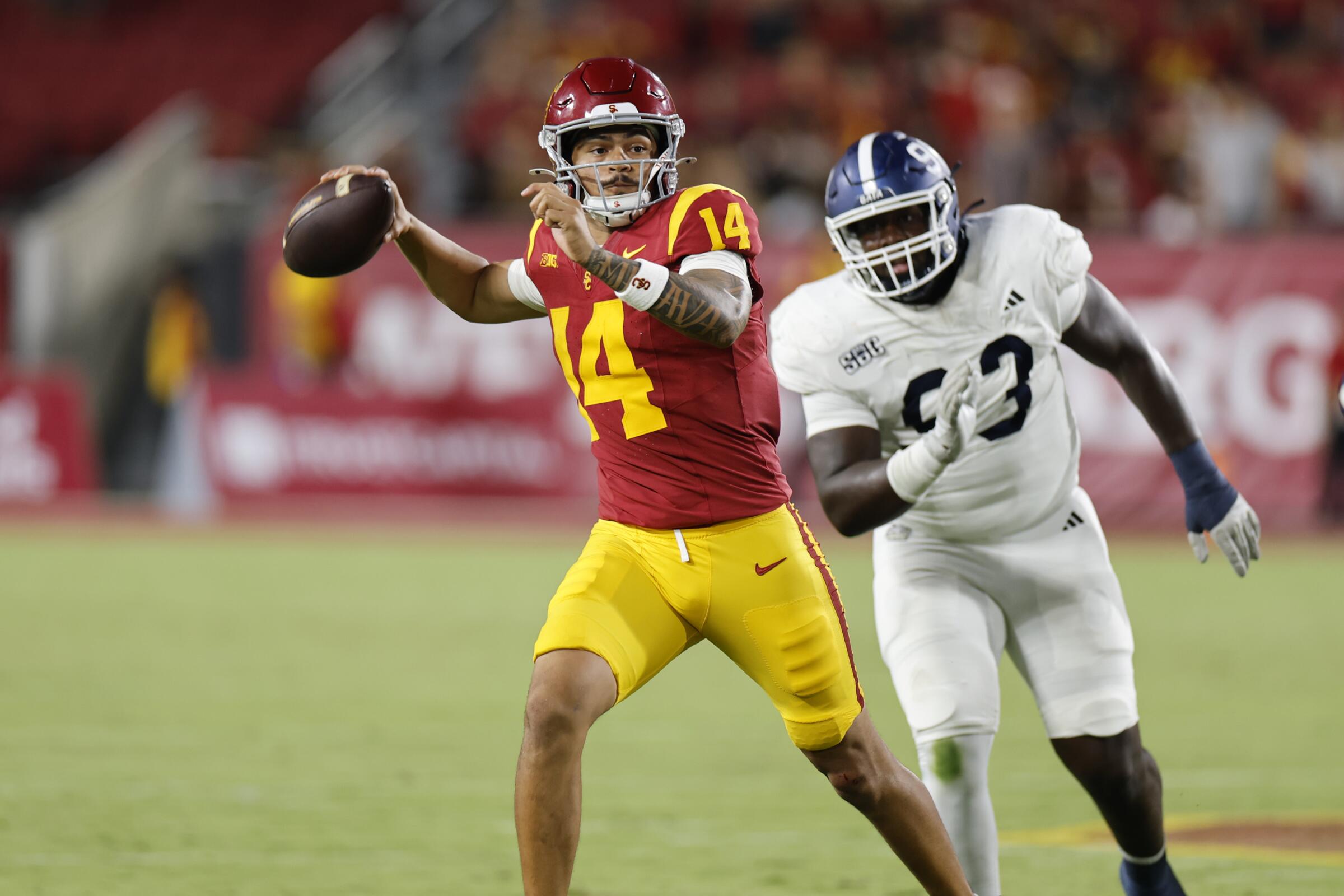 USC quarterback Jayden Maiava looks to pass the ball against Georgia Southern on Sept. 6