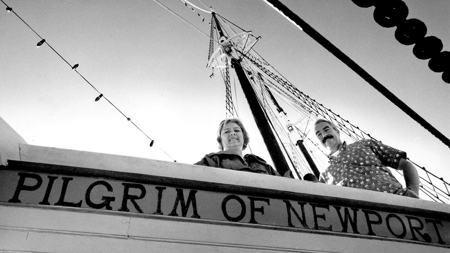 Dennis Holland and his wife, Betty, are shown aboard the Pilgrim of Newport in 1993. Holland spent almost two decades sailing the ship before selling it to the Ocean Institute in Dana Point in 2001. The ship still sails there, under the name Spirit of Dana Point.