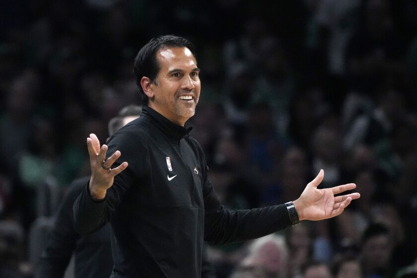 Miami Heat head coach Erik Spoelstra gestures during the second half in Game 7 of the NBA basketball Eastern Conference finals against the Boston Celtics Monday, May 29, 2023, in Boston. (AP Photo/Charles Krupa )