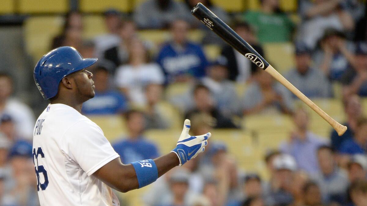 Dodgers right fielder Yasiel Puig tosses his bat after striking out in the second inning of Tuesday's game against the Cleveland Indians. Puig was involved in a triple play during the fourth inning.