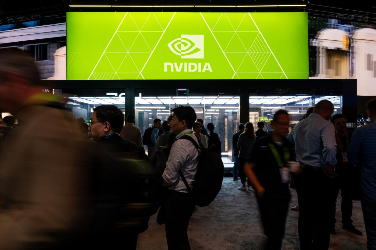 An Nvidia sign at the Nvidia GTC conference in San José