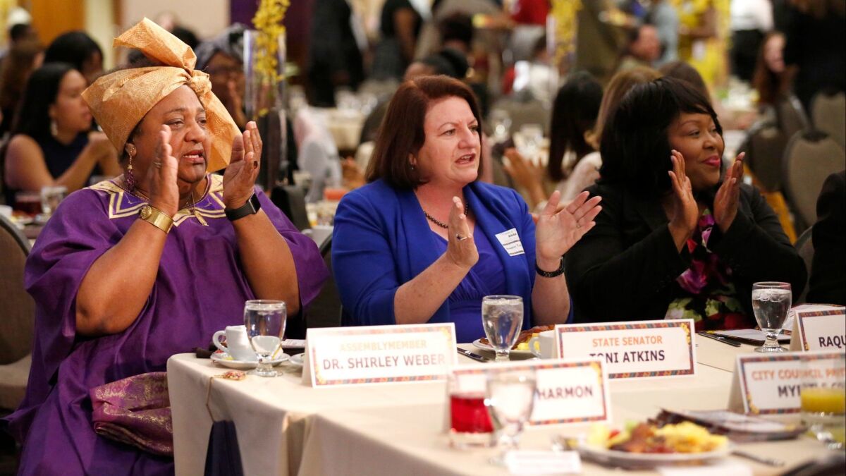 State assemblywoman Shirley Weber, state senator Toni Atkins and Lemon Grove mayor Raquel Vasquez at the Indivisible WATU Women of Color ROAR breakfast in San Diego on Saturday.