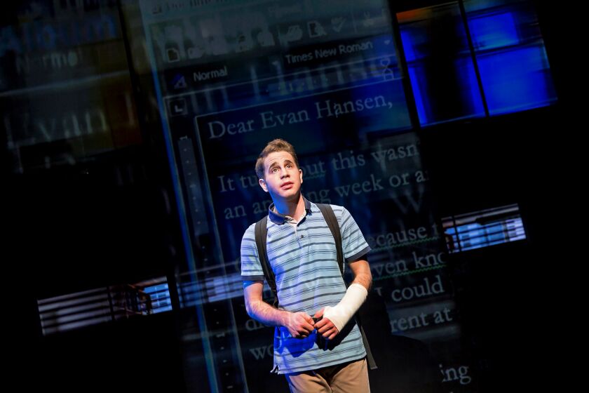 Ben Platt portrays the title character in "Dear Evan Hansen," seen here in its off-Broadway production at Second Stage.