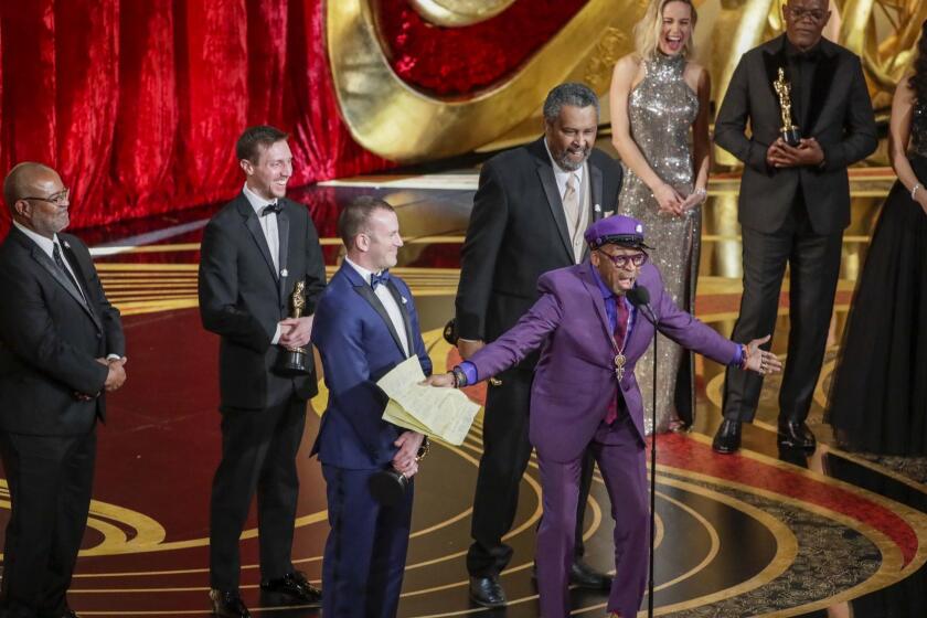 TNS AND WIRE SERVICES OUT. NO SALES. TRONC NEWSPAPERS AND WEBSITES ONLY. HOLLYWOOD, CA ? February 24, 2019 Spike Lee accepts the Adapted Screenplay award for 'BlacKkKlansman' during the telecast of the 91st Academy Awards on Sunday, February 24, 2019 in the Dolby Theatre at Hollywood & Highland Center in Hollywood, CA. (Robert Gauthier / Los Angeles Times)