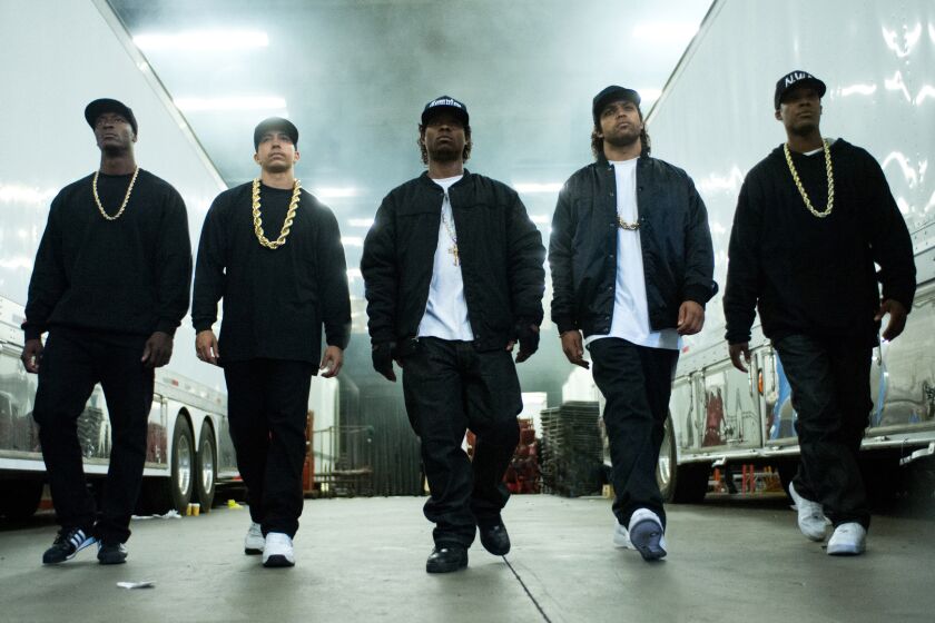 From left are "Straight Outta Compton" cast members Aldis Hodge, playing MC Ren; Neil Brown Jr., playing DJ Yella; Jason Mitchell, playing Eazy-E; O’Shea Jackson Jr. playing Ice Cube; and Corey Hawkins playing Dr. Dre. The movie was released in U.S. theaters Aug. 14.