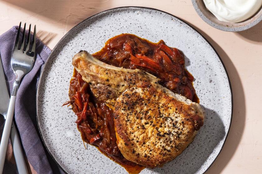 LOS ANGELES, CALIFORNIA - Jan. 3, 2020: A keto recipe for Ben Mims' cooking series, a pork-chop paprikash photographed on Friday, Jan. 3, 2020, at PropLink studio in Arts District, Los Angeles. Food Stylist: Ben Mims, Prop Stylist: Kate Parisian. (Silvia Razgova / For The Times) Assignment ID: 476949