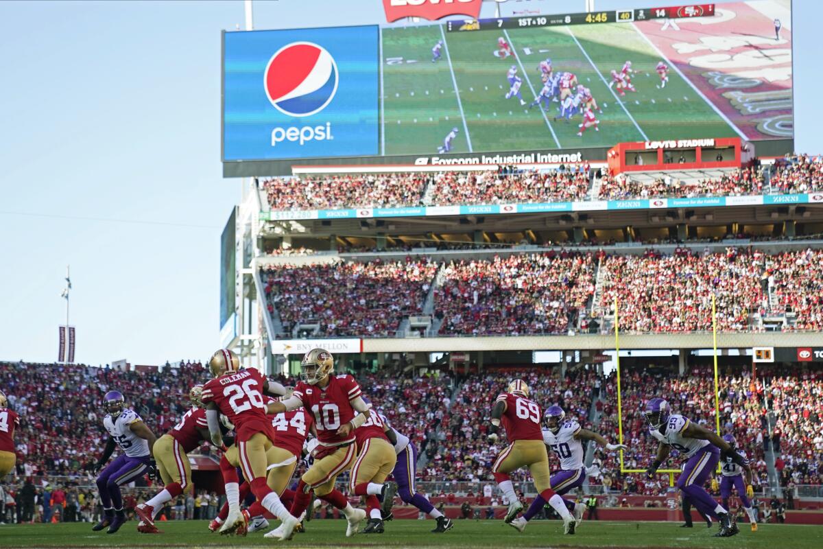 San Francisco 49ers play an NFL divisional playoff game against the Minnesota Vikings on Jan. 11 in Santa Clara. 