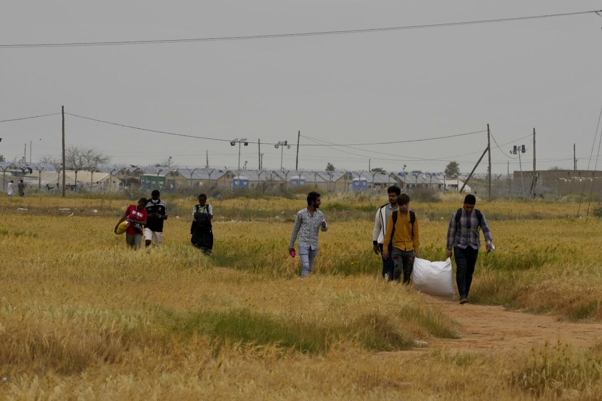Migrants walk through a field carrying belongings. 