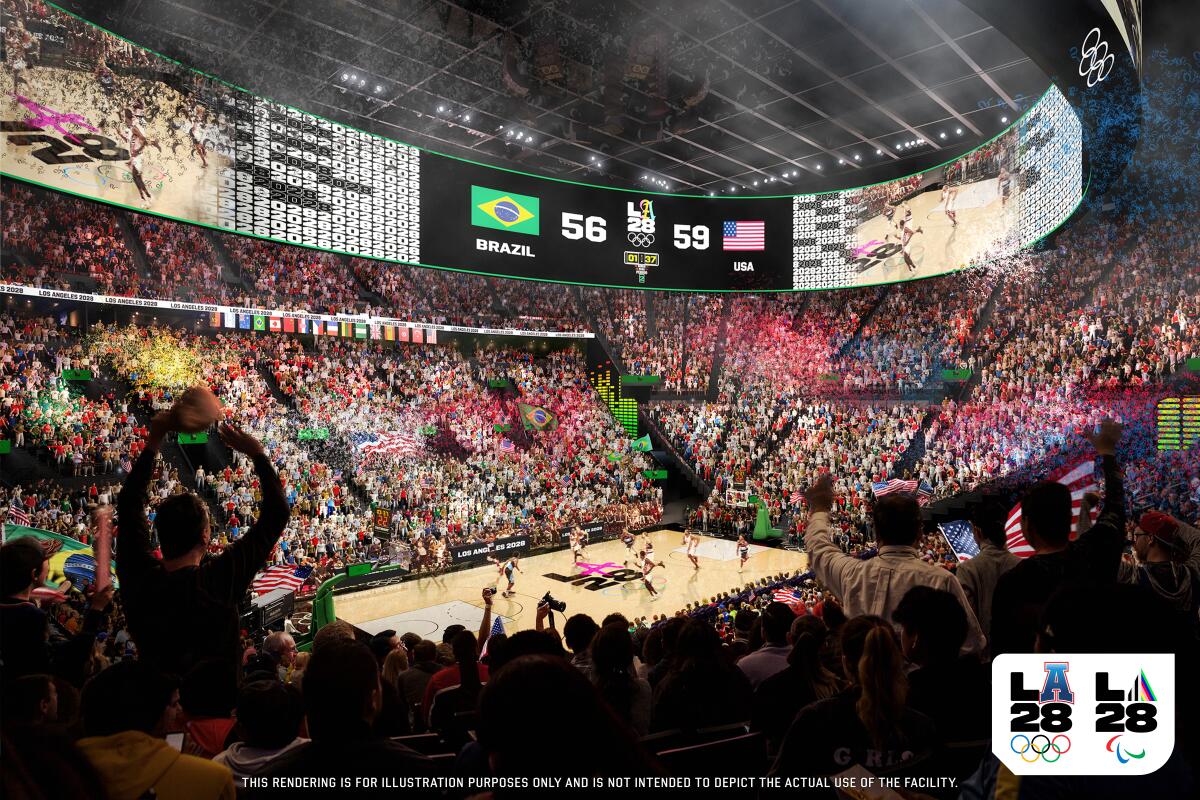 An artist’s rendering of the 2028 Los Angeles Olympics basketball competition at Intuit Dome in Inglewood.
