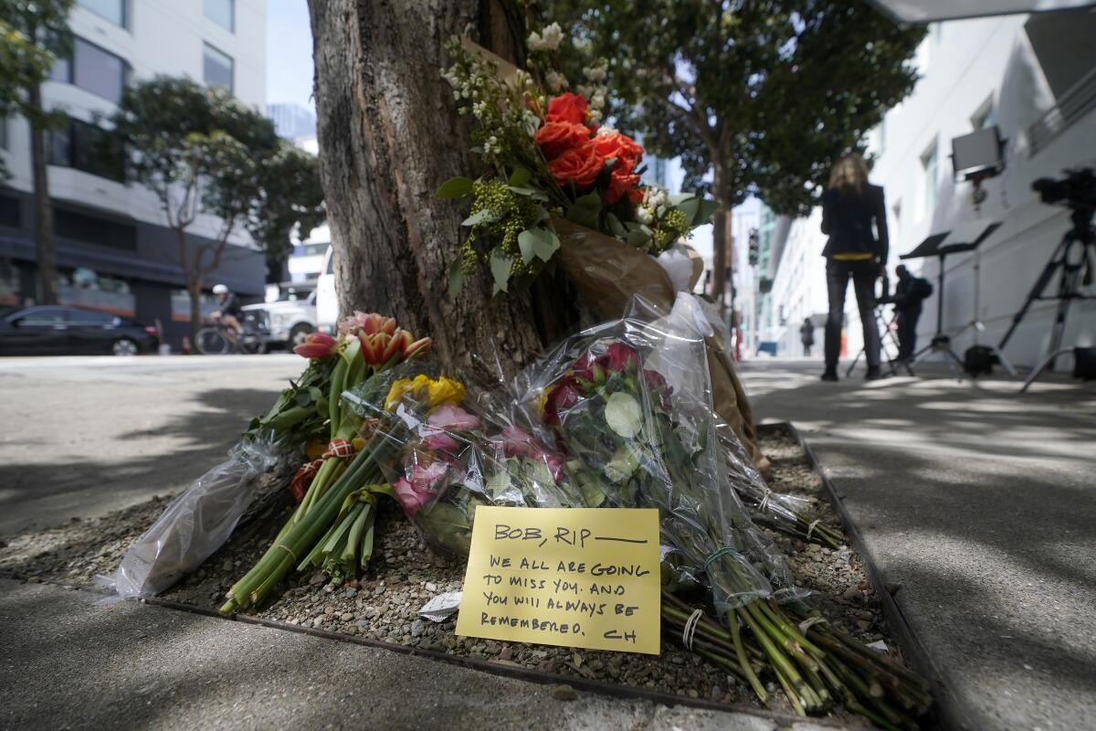 A makeshift memorial outside a San Francisco building where Bob Lee was killed.
 