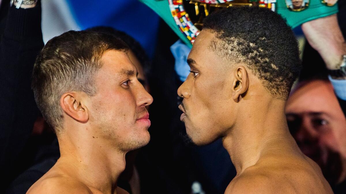 Gennady Golovkin, left, stares down Daniel Jacobs after their weigh-in at Madison Square Garden on March 17.