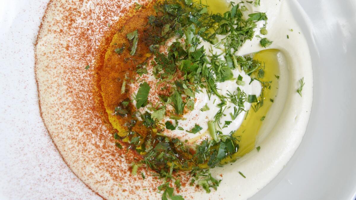 The classic hummus at Hasiba, a hummusiya and pita restaurant in Los Angeles' Pico-Robertson neighborhood.