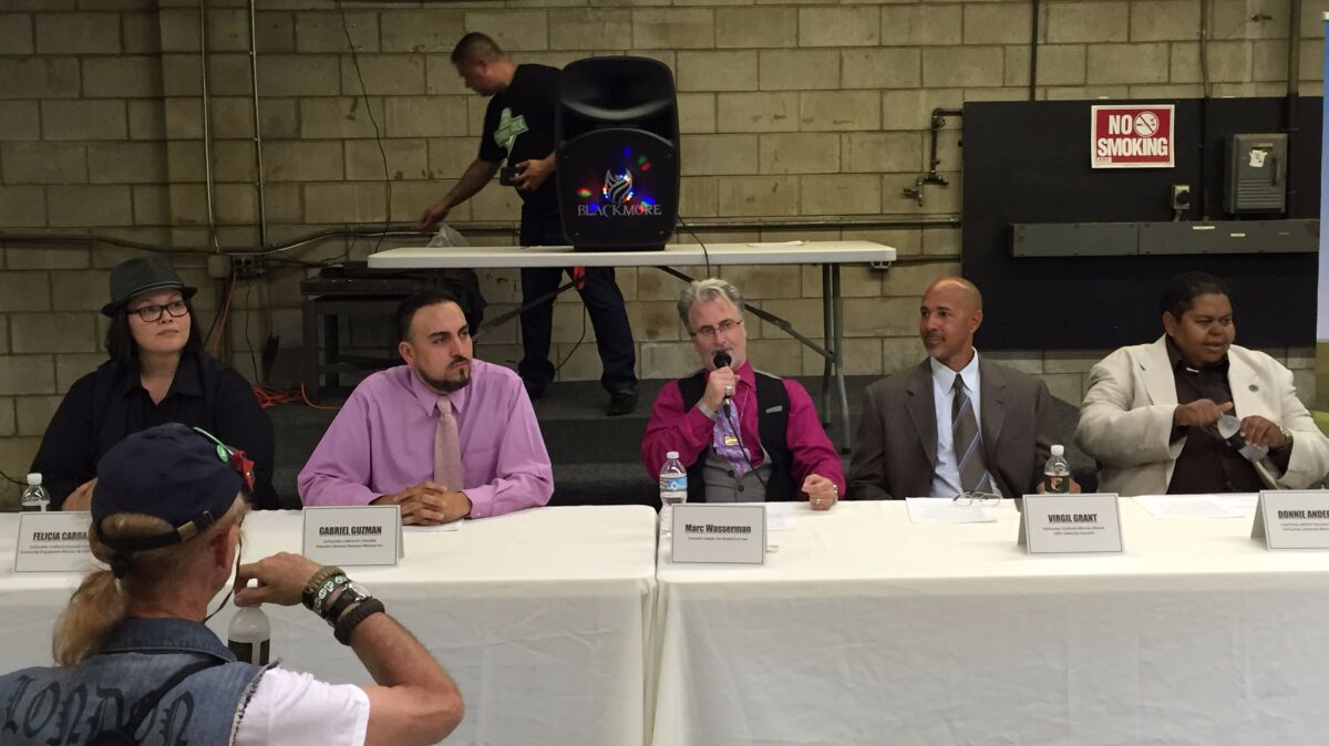 In Gardena, cannabis experts and activists discuss legalization. From left, cannabis educator Felicia Carbajal, Latinos for Cannabis founder Gabriel Guzman, attorney Marc Wasserman, California Minority Alliance co-founder Virgil Grant; and Donnie Anderson of the NAACP