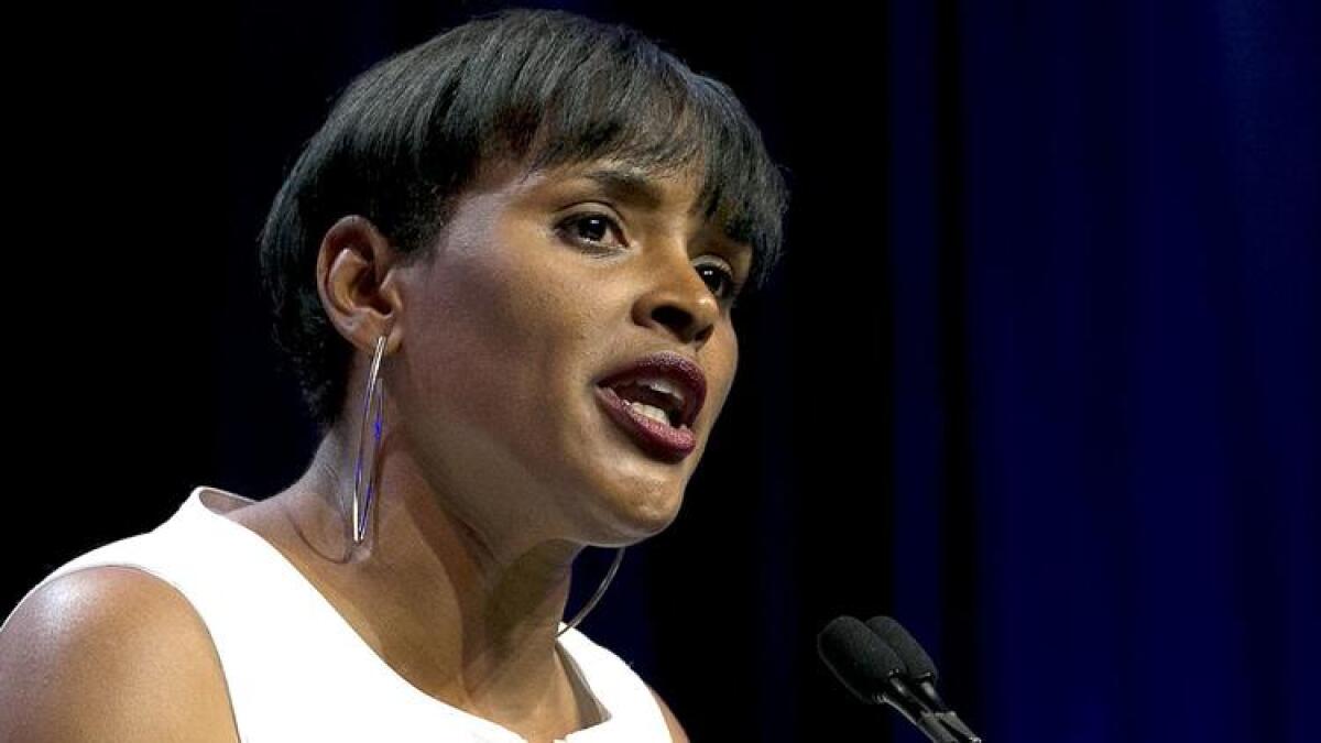 Kimberly Ellis addresses the California Democratic Party Convention in Sacramento in May.