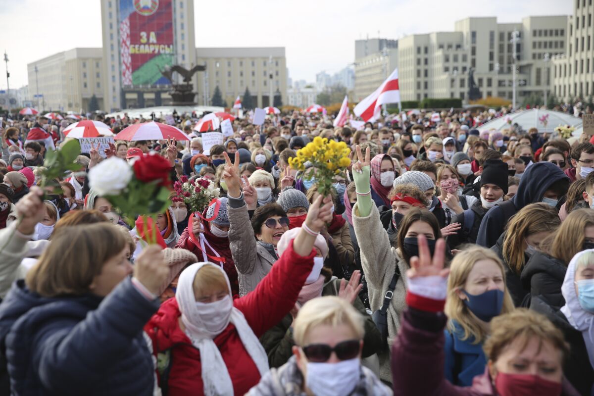 People in Minsk, Belarus, protest presidential election results.