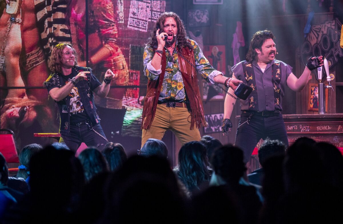 Nick Cordero, center, in "Rock of Ages" in Hollywood on Jan. 11.