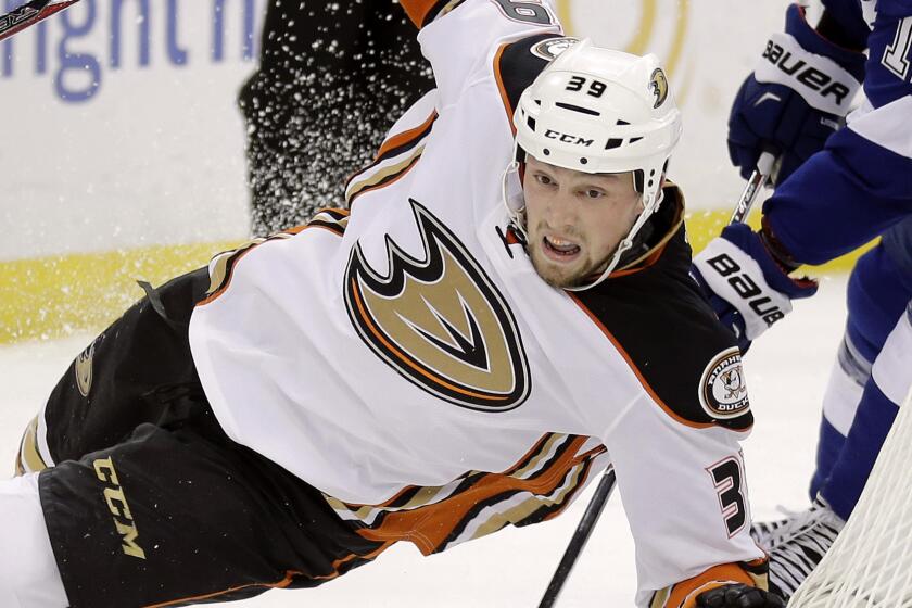 Ducks left wing Matt Beleskey falls while chasing the puck during a game against the Tampa Bay Lightning on Feb. 8.