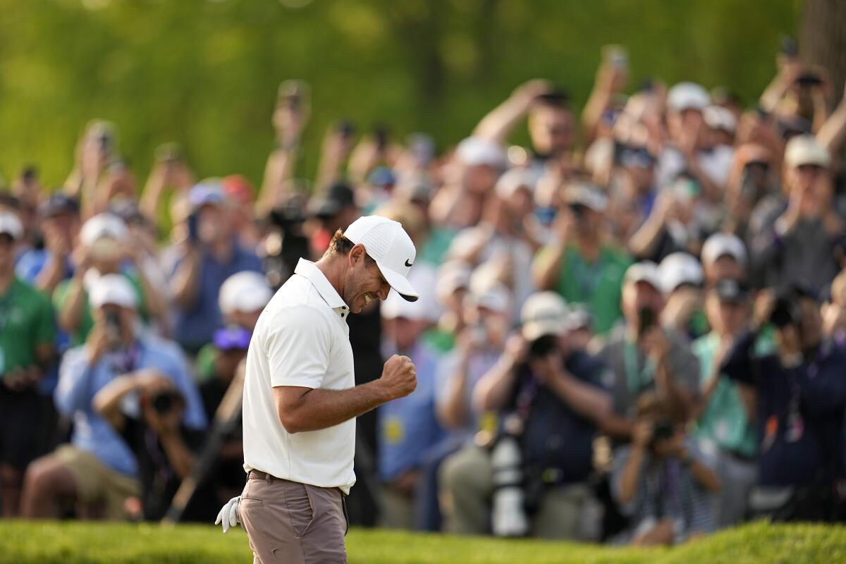 Brooks Koepka pumps his fist after winning the PGA Championship at Oak Hill Country Club in May.